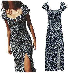 Zara Floral Linen-Blend Midi Dress with Short Puff Sleeves and Smocked Waist